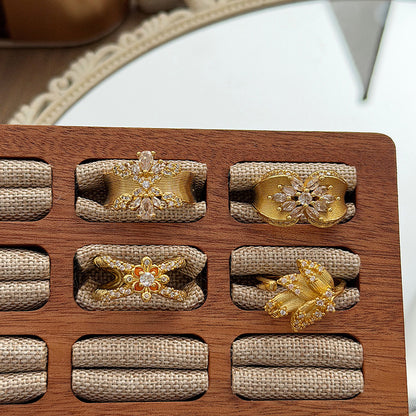 Retro Brushed Copper Open Rings For Women With Zircon Inlay Featuring Floral Pattern