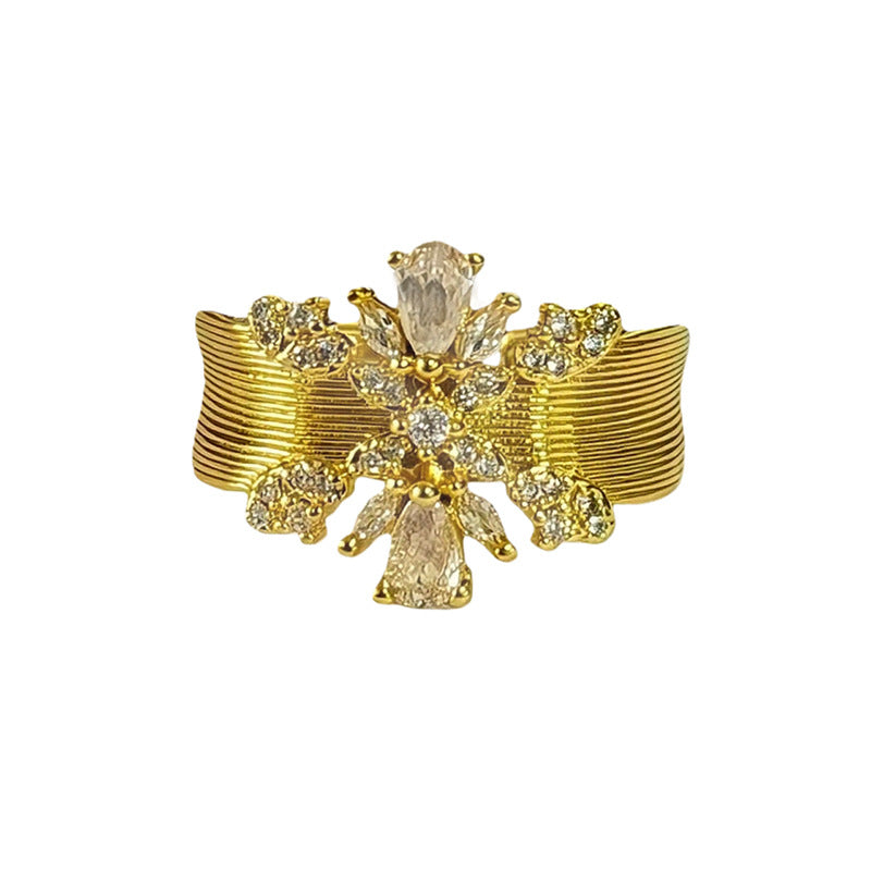 Retro Brushed Copper Open Rings For Women With Zircon Inlay Featuring Floral Pattern