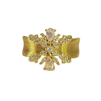 Retro Brushed Copper Open Rings For Women With Zircon Inlay Featuring Floral Pattern
