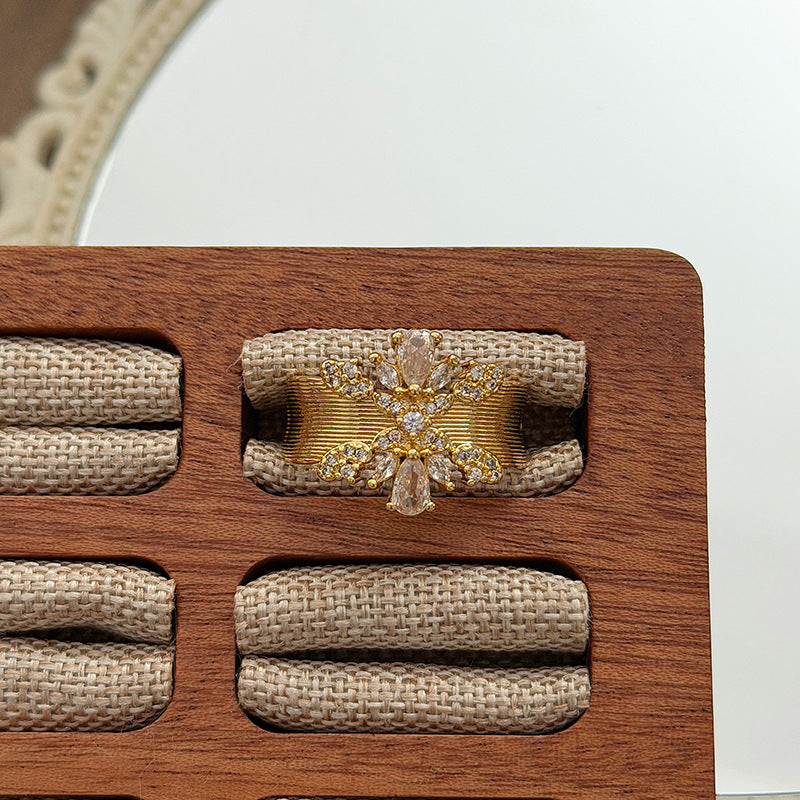 Retro Brushed Copper Open Rings For Women With Zircon Inlay Featuring Floral Pattern