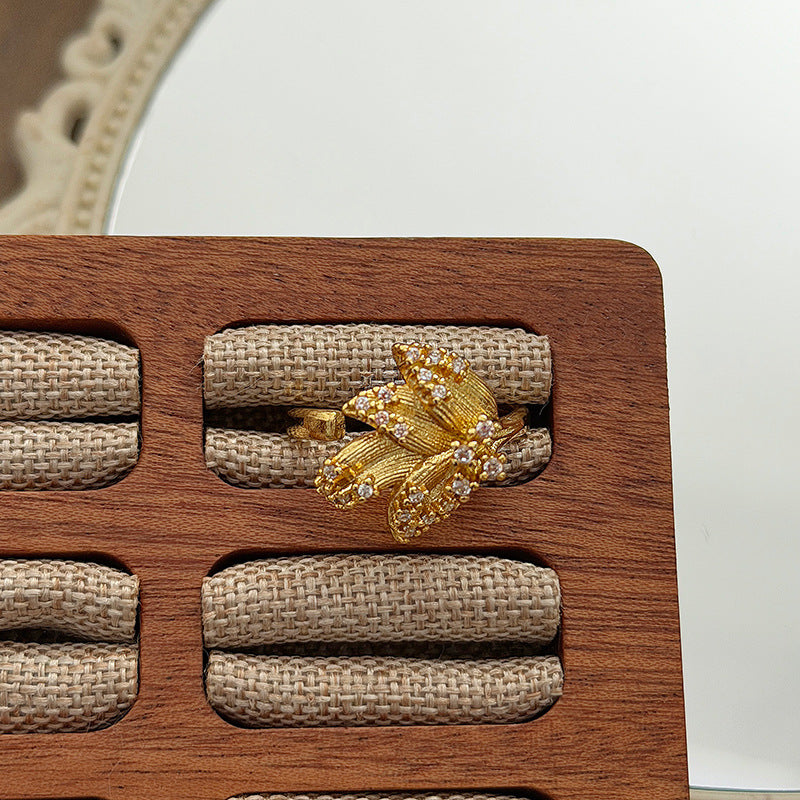 Retro Brushed Copper Open Rings For Women With Zircon Inlay Featuring Floral Pattern