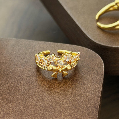 Vintage Style Copper Bow Tie Open Ring For Women Featuring Zircon Inlay