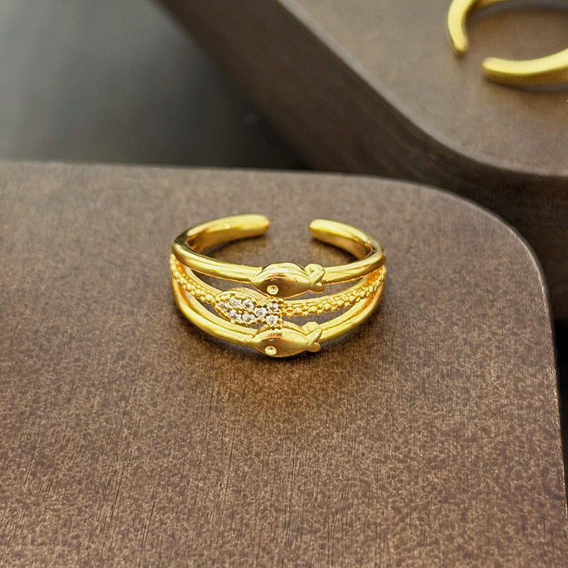 Vintage Style Copper Bow Tie Open Ring For Women Featuring Zircon Inlay