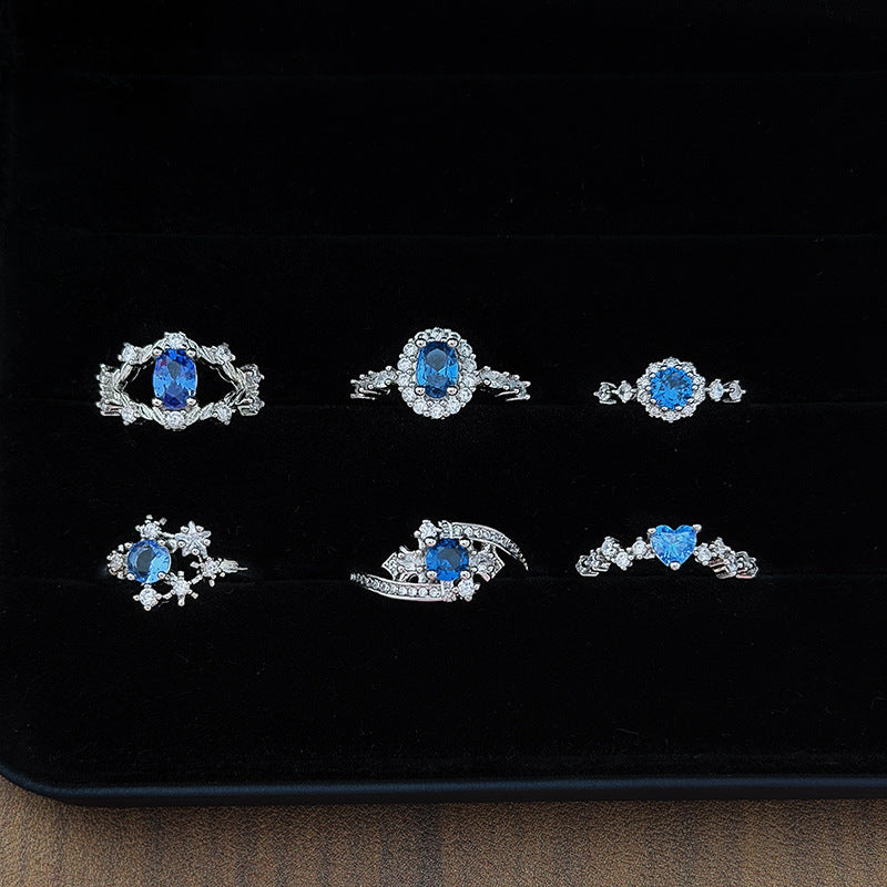 Heart Shape Open Ring For Women Made Of Copper Featuring Blue Zircon Inlay