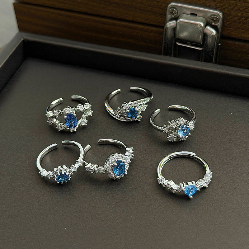 Heart Shape Open Ring For Women Made Of Copper Featuring Blue Zircon Inlay