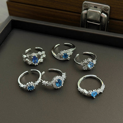 Heart Shape Open Ring For Women Made Of Copper Featuring Blue Zircon Inlay
