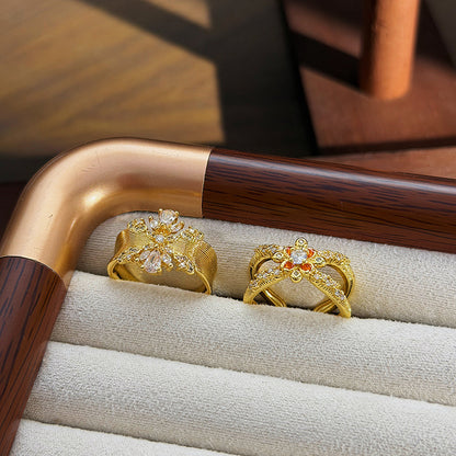 Retro Brushed Copper Open Rings For Women With Zircon Inlay Featuring Floral Pattern