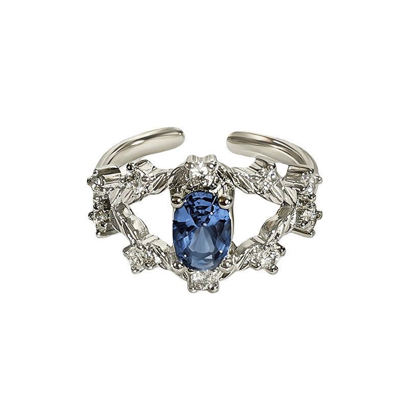 Heart Shape Open Ring For Women Made Of Copper Featuring Blue Zircon Inlay