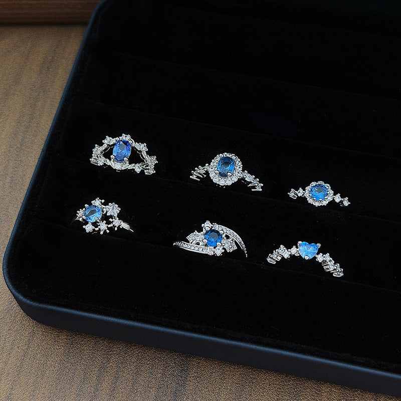 Heart Shape Open Ring For Women Made Of Copper Featuring Blue Zircon Inlay