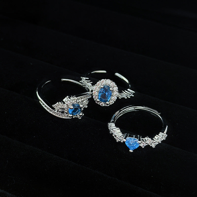 Heart Shape Open Ring For Women Made Of Copper Featuring Blue Zircon Inlay