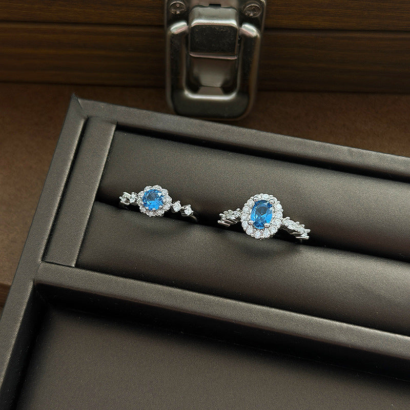 Heart Shape Open Ring For Women Made Of Copper Featuring Blue Zircon Inlay