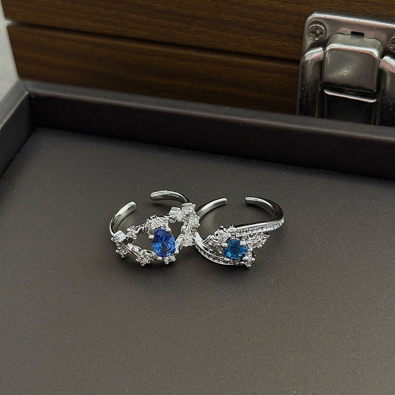 Heart Shape Open Ring For Women Made Of Copper Featuring Blue Zircon Inlay