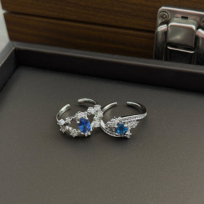 Heart Shape Open Ring For Women Made Of Copper Featuring Blue Zircon Inlay