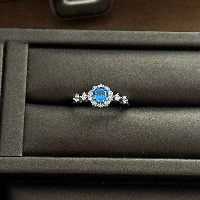 Heart Shape Open Ring For Women Made Of Copper Featuring Blue Zircon Inlay