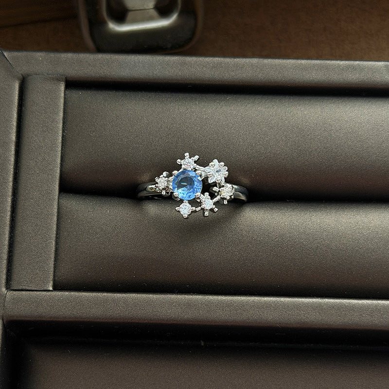 Heart Shape Open Ring For Women Made Of Copper Featuring Blue Zircon Inlay