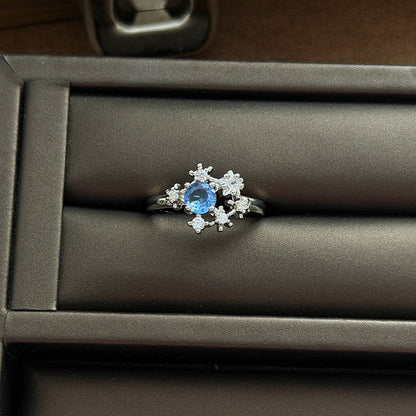 Heart Shape Open Ring For Women Made Of Copper Featuring Blue Zircon Inlay