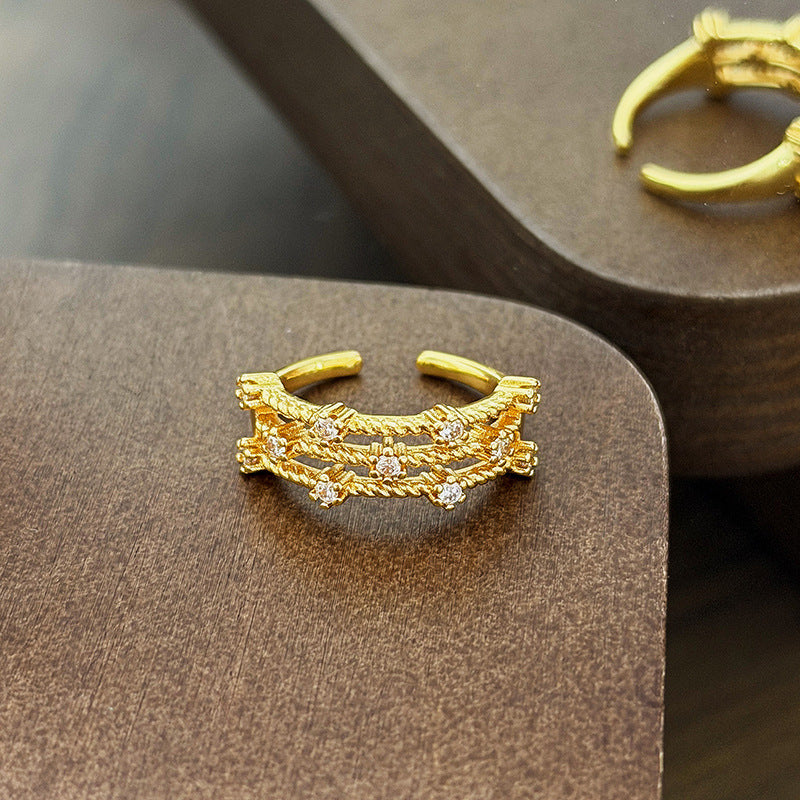 Vintage Style Copper Bow Tie Open Ring For Women Featuring Zircon Inlay