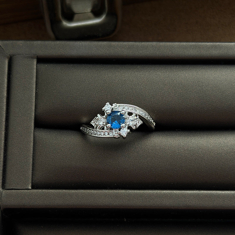 Heart Shape Open Ring For Women Made Of Copper Featuring Blue Zircon Inlay