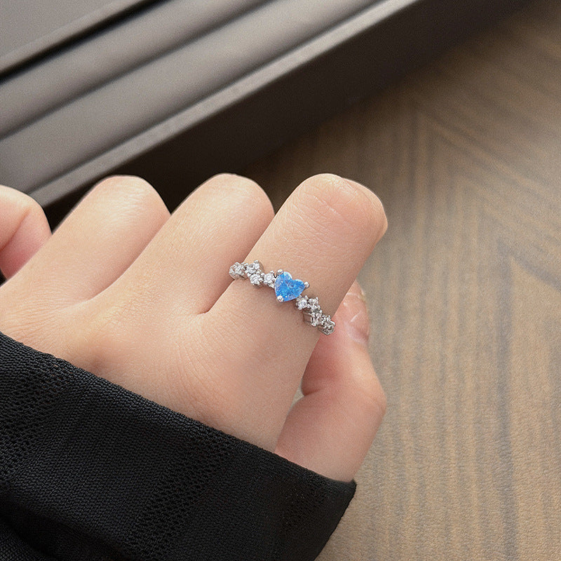 Heart Shape Open Ring For Women Made Of Copper Featuring Blue Zircon Inlay