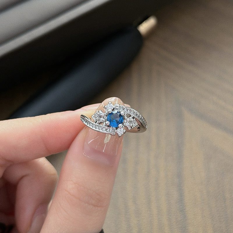 Heart Shape Open Ring For Women Made Of Copper Featuring Blue Zircon Inlay