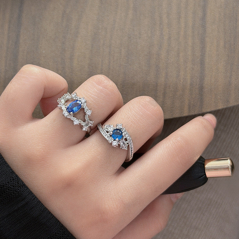 Heart Shape Open Ring For Women Made Of Copper Featuring Blue Zircon Inlay