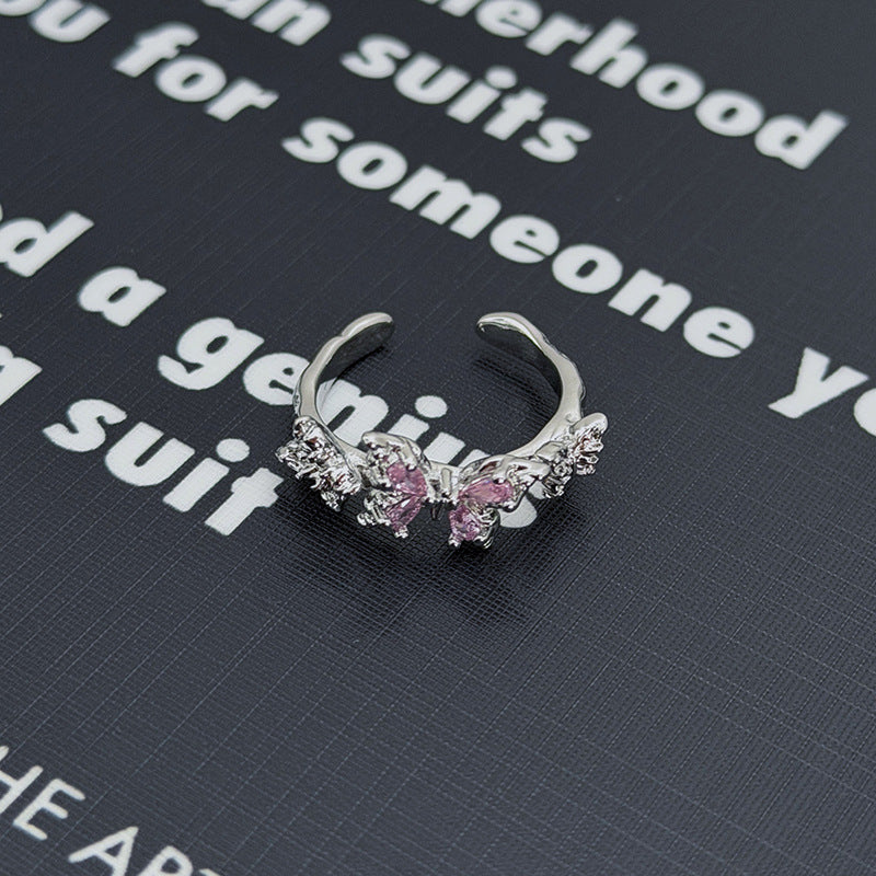 Sweet Copper Bow Tie Open Ring For Women Featuring Zircon Inlay