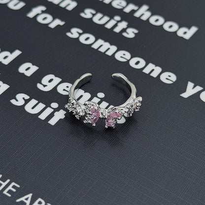 Sweet Copper Bow Tie Open Ring For Women Featuring Zircon Inlay