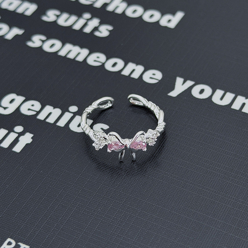 Sweet Copper Bow Tie Open Ring For Women Featuring Zircon Inlay