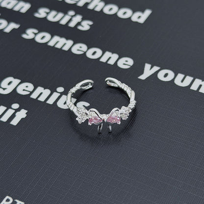 Sweet Copper Bow Tie Open Ring For Women Featuring Zircon Inlay
