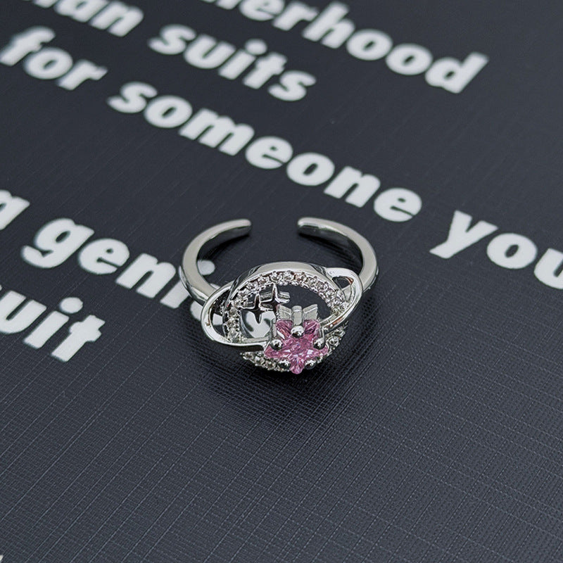Sweet Copper Bow Tie Open Ring For Women Featuring Zircon Inlay