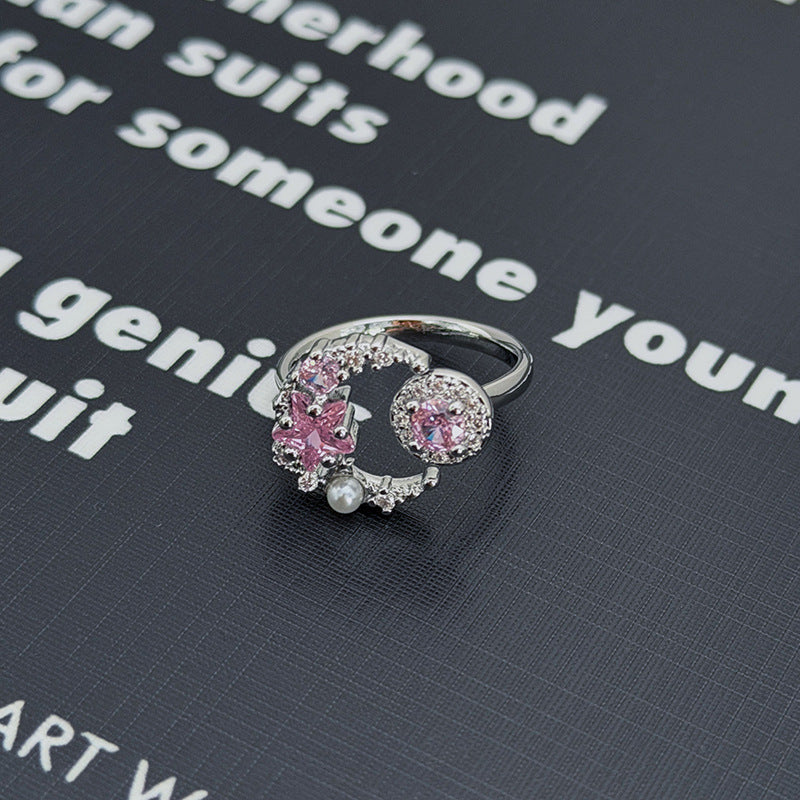 Sweet Copper Bow Tie Open Ring For Women Featuring Zircon Inlay