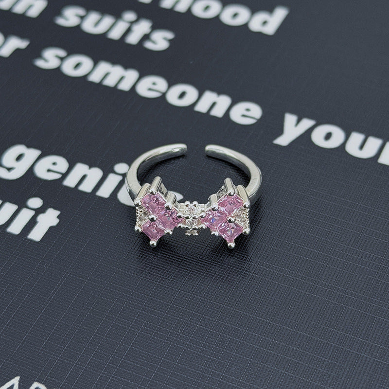 Sweet Copper Bow Tie Open Ring For Women Featuring Zircon Inlay