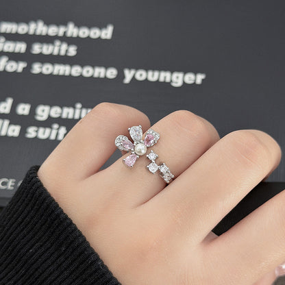 Sweet Copper Bow Tie Open Ring For Women Featuring Zircon Inlay
