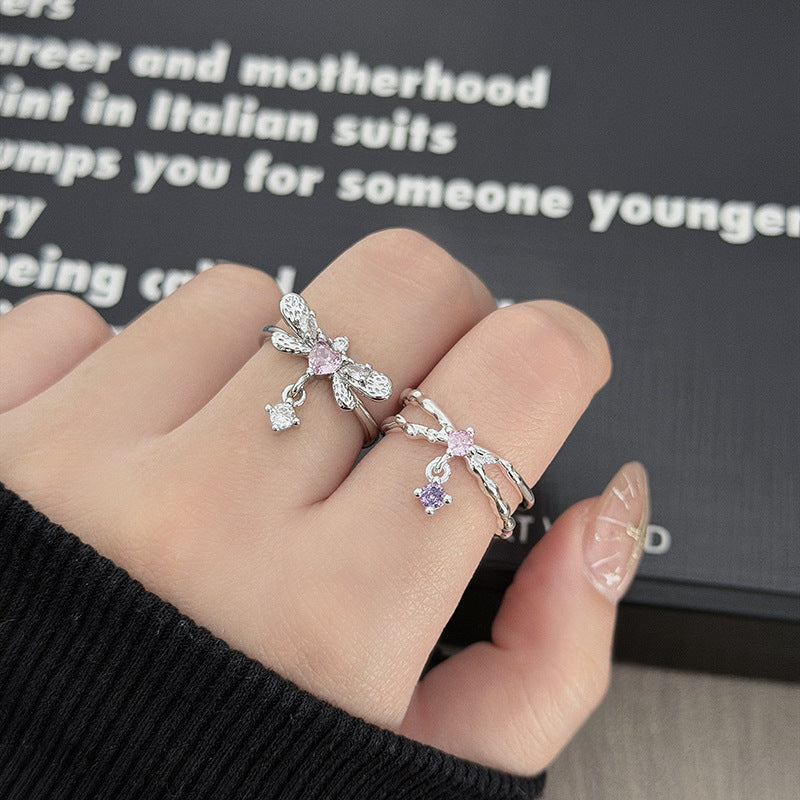 Sweet Copper Bow Tie Open Ring For Women Featuring Zircon Inlay