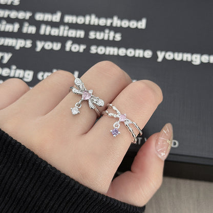 Sweet Copper Bow Tie Open Ring For Women Featuring Zircon Inlay