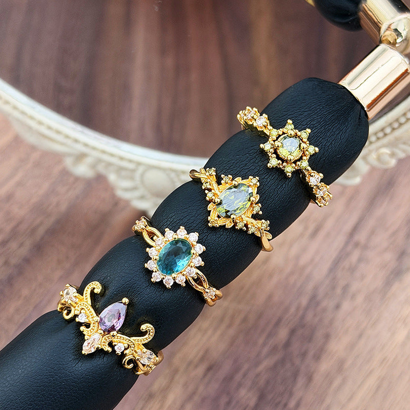Retro Copper Open Rings For Women With Zircon Inlay Featuring Elegant Line Patterns