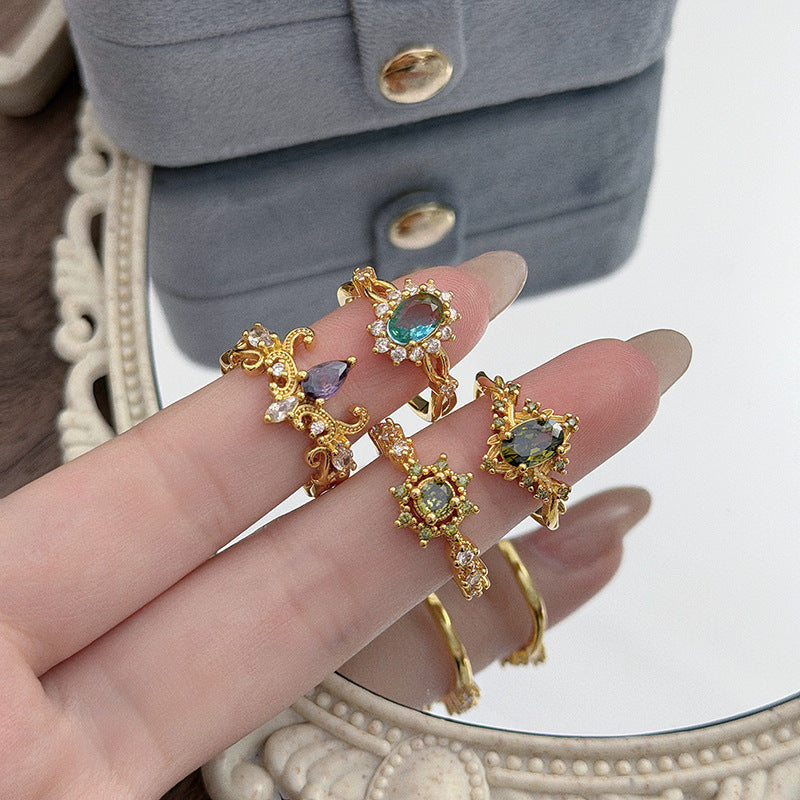 Retro Copper Open Rings For Women With Zircon Inlay Featuring Elegant Line Patterns