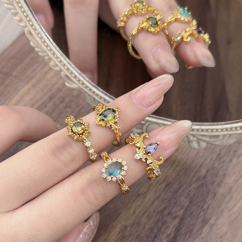 Retro Copper Open Rings For Women With Zircon Inlay Featuring Elegant Line Patterns