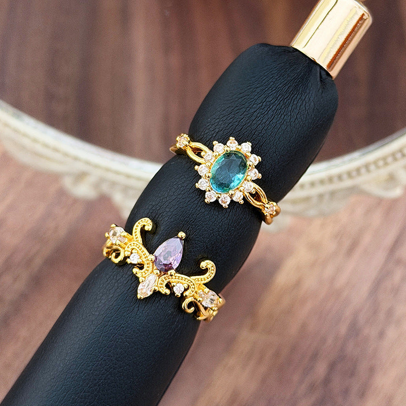 Retro Copper Open Rings For Women With Zircon Inlay Featuring Elegant Line Patterns