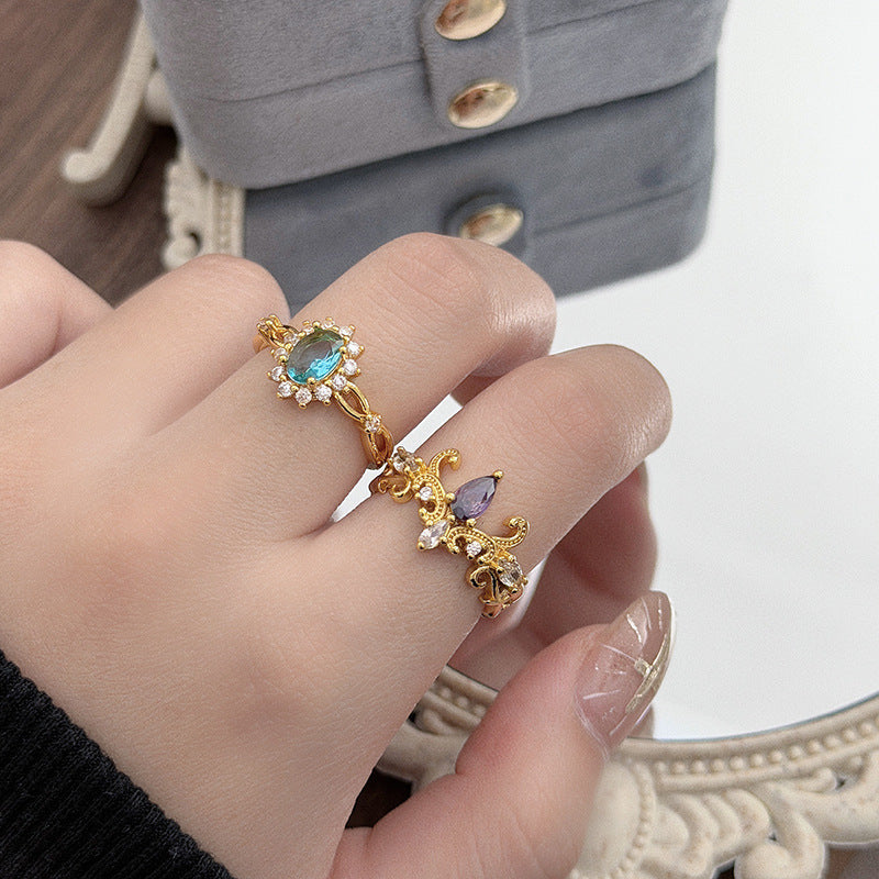Retro Copper Open Rings For Women With Zircon Inlay Featuring Elegant Line Patterns
