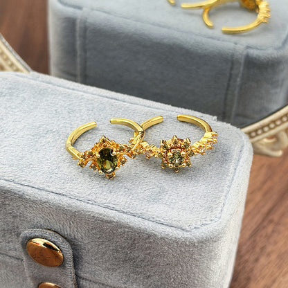 Retro Copper Open Rings For Women With Zircon Inlay Featuring Elegant Line Patterns