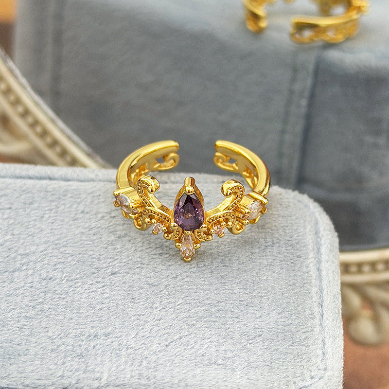 Retro Copper Open Rings For Women With Zircon Inlay Featuring Elegant Line Patterns
