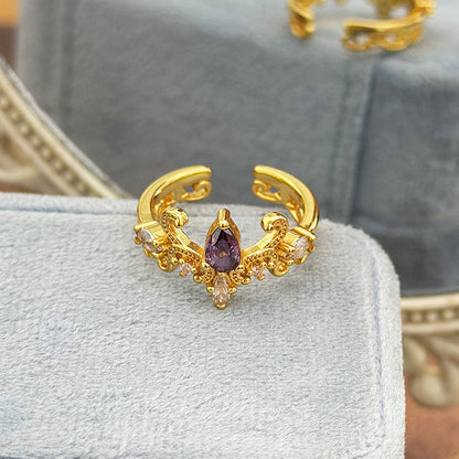 Retro Copper Open Rings For Women With Zircon Inlay Featuring Elegant Line Patterns