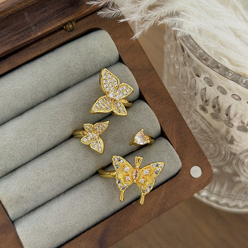 New Style Three-dimensional Butterfly Open Ring For Women In Copper With Zircon Inlay