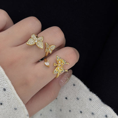 New Style Three-dimensional Butterfly Open Ring For Women In Copper With Zircon Inlay