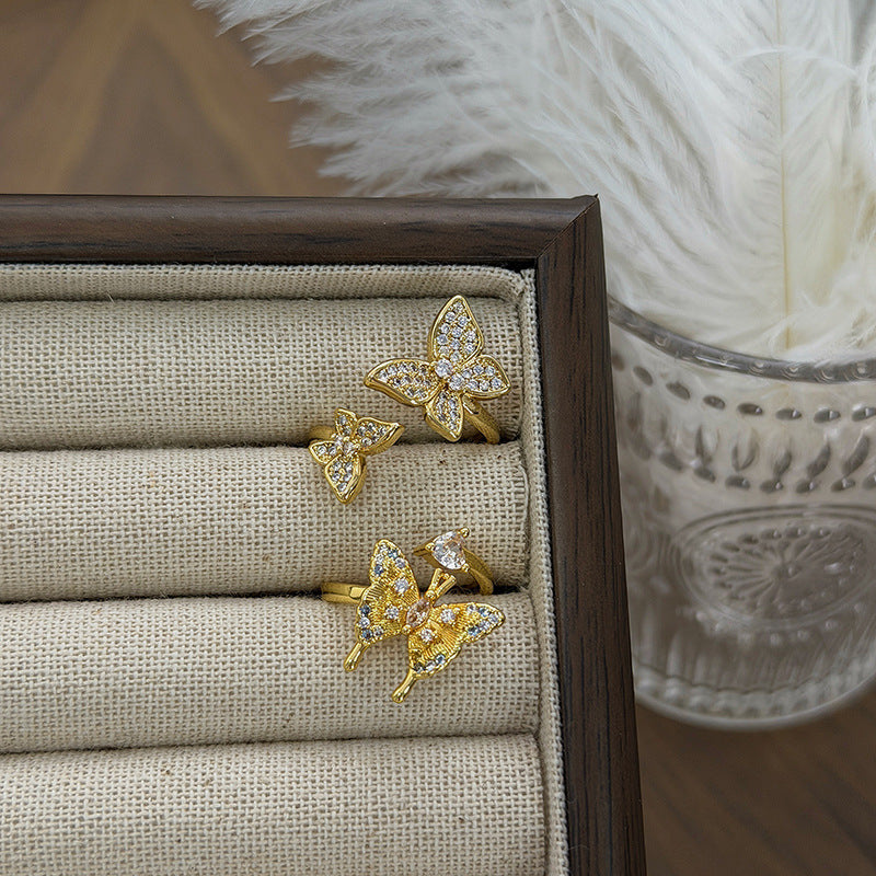 New Style Three-dimensional Butterfly Open Ring For Women In Copper With Zircon Inlay