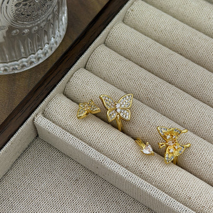 New Style Three-dimensional Butterfly Open Ring For Women In Copper With Zircon Inlay