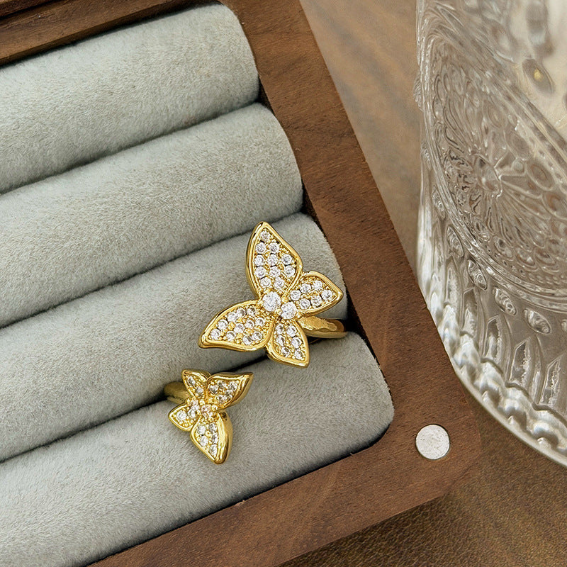 New Style Three-dimensional Butterfly Open Ring For Women In Copper With Zircon Inlay
