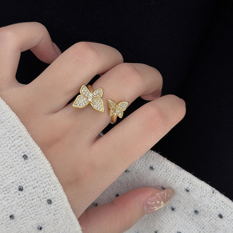 New Style Three-dimensional Butterfly Open Ring For Women In Copper With Zircon Inlay