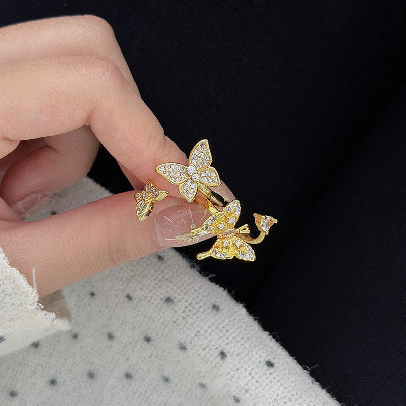 New Style Three-dimensional Butterfly Open Ring For Women In Copper With Zircon Inlay